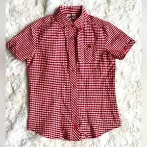England Belongs Red Checkered Plaid Collared Short Sleeve Button Down Shirt